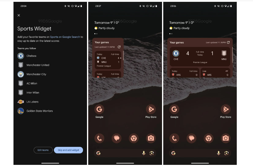 Google app Sports widget